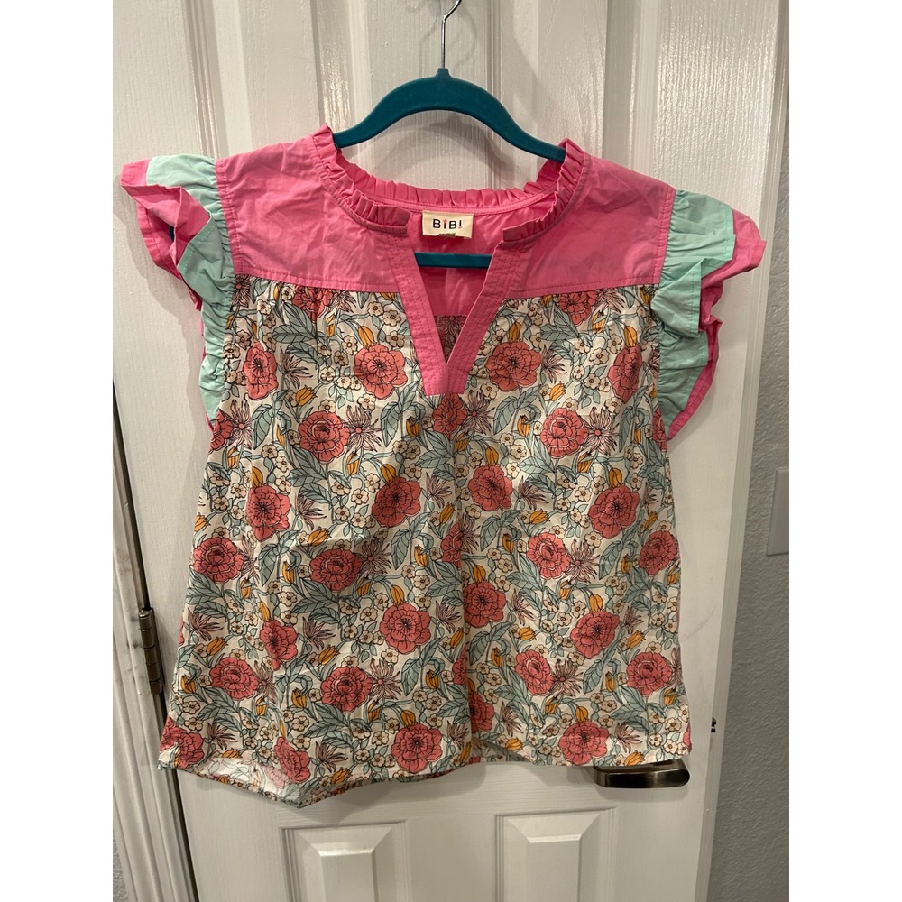BIB! Blouse Pink Floral Ruffle Flutter Sleeve Cotton Top IT3542R-01MD